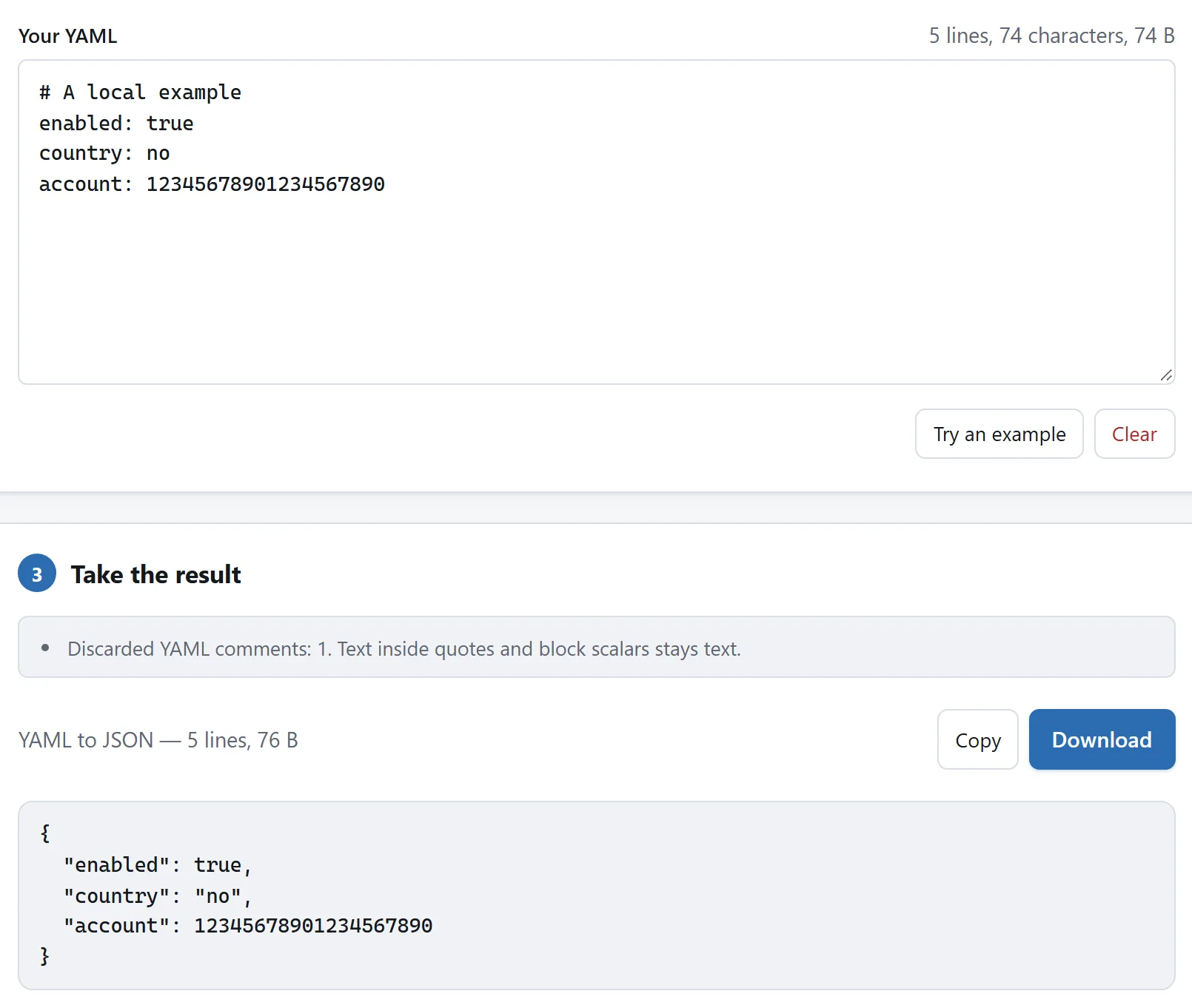 YAML 输入和 JSON 输出，以及丢弃的注释数量。