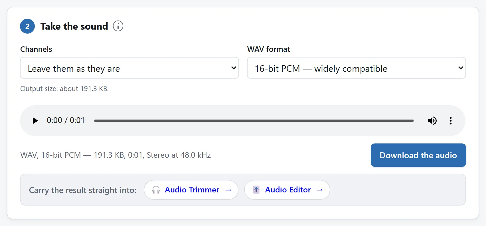 提取后的音频播放器旁显示 WAV 位深和声道选项。