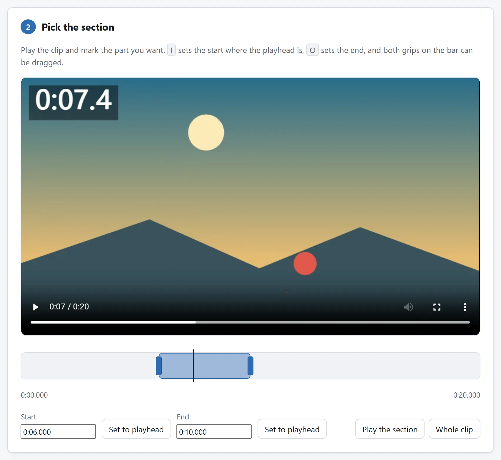 片段卡片：带时间码的一帧画面，以及一条进度条显示在二十秒的片子里标出了四秒。